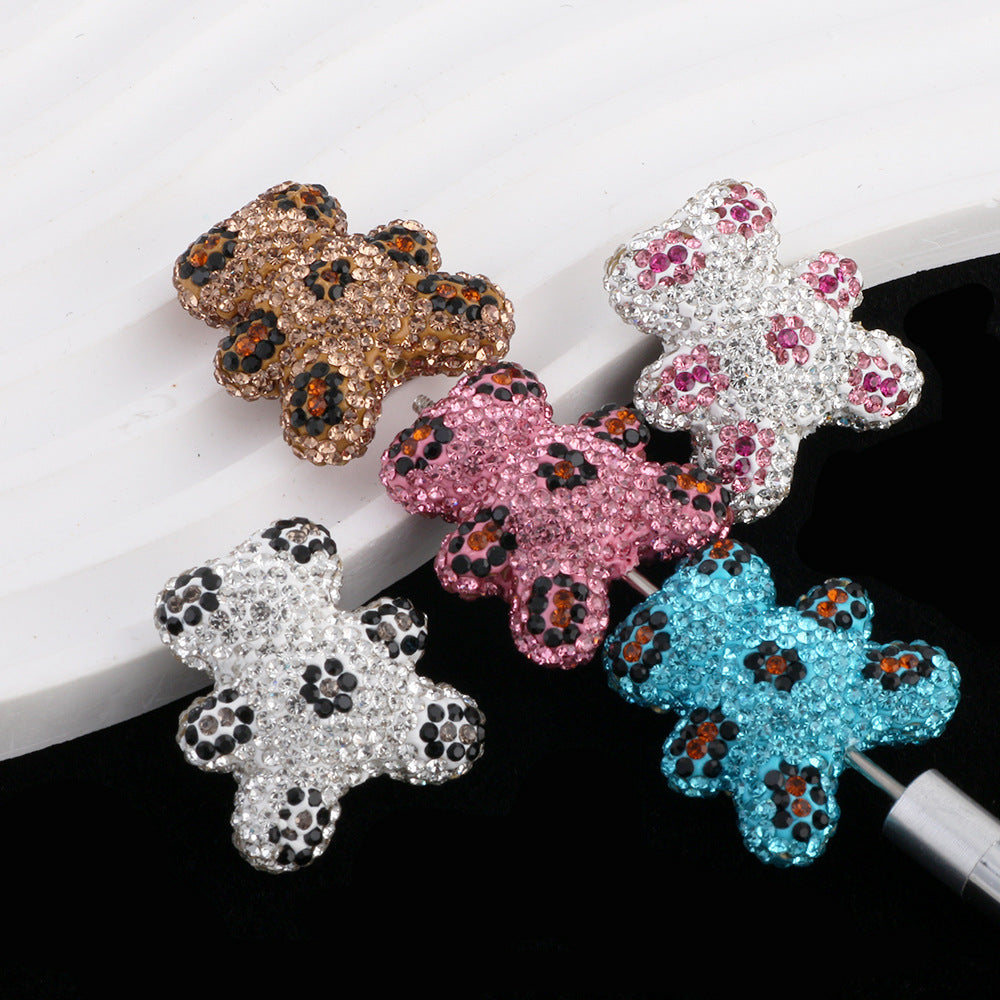 Polymer Clay Bear Rhinestone Beads 30mm Leopard Print Chunky 6pcs 2