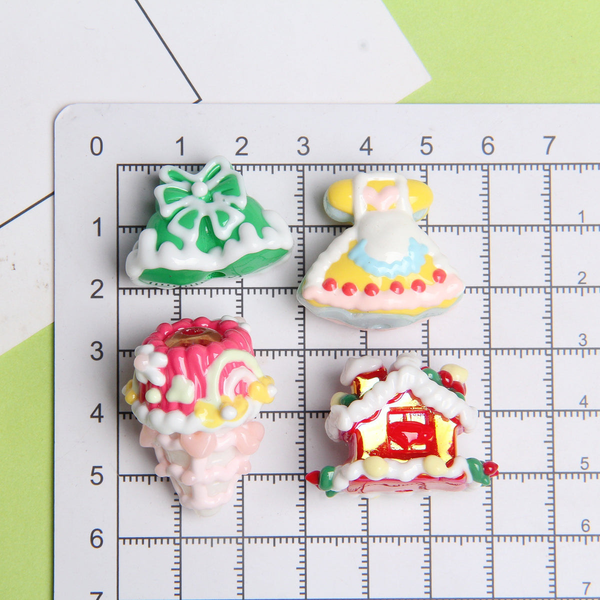 Hand Painted Acrylic Beads 3D Christmas Bells and Cabin 5pcs 2