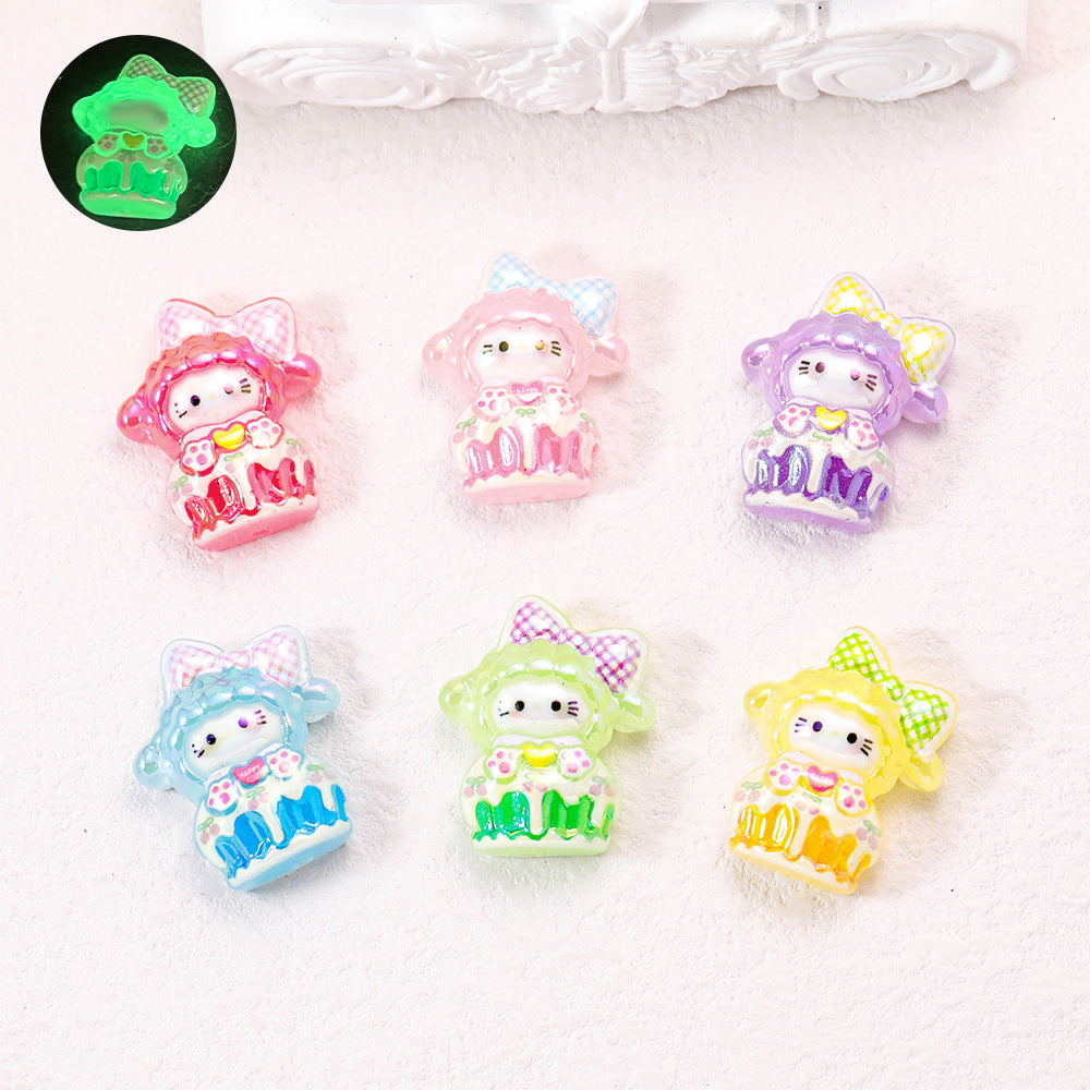 Glow In The Dark KT Kitten Cake Resin Beads 28x24x10mm Pastel Glossy 50pcs