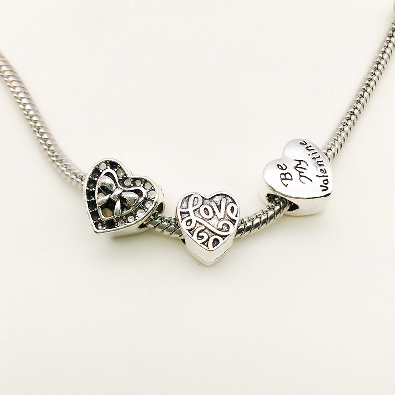 Heart Metal Beads Large Hole Metallic Silver Tone 30pcs 4