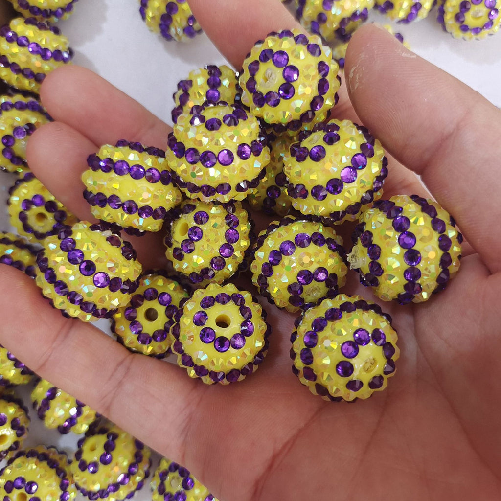 Plated Bubblegum Beads 16-22mm Deep Purple Rhinestone Striped Yellow 5pcs 2