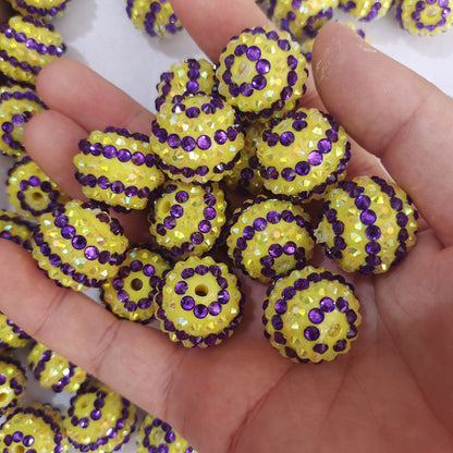 Plated Bubblegum Beads 16-22mm Deep Purple Rhinestone Striped Yellow 5pcs 2