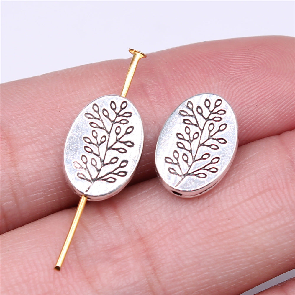 Oval Flat Metal Beads 14x10mm Silver Tone Branch Pattern 30pcs