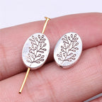 Oval Flat Metal Beads 14x10mm Silver Tone Branch Pattern 30pcs