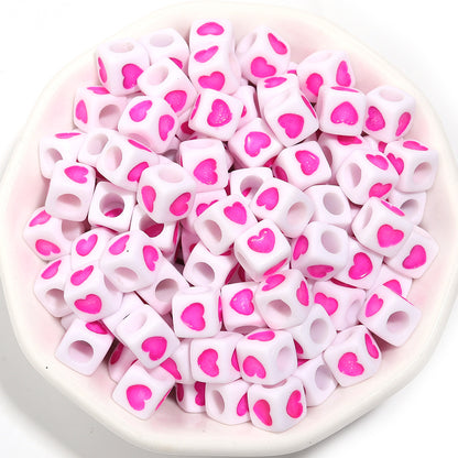 Square Acrylic Beads 6.7mm Glossy Dripping Oil Love Design 100pcs 14
