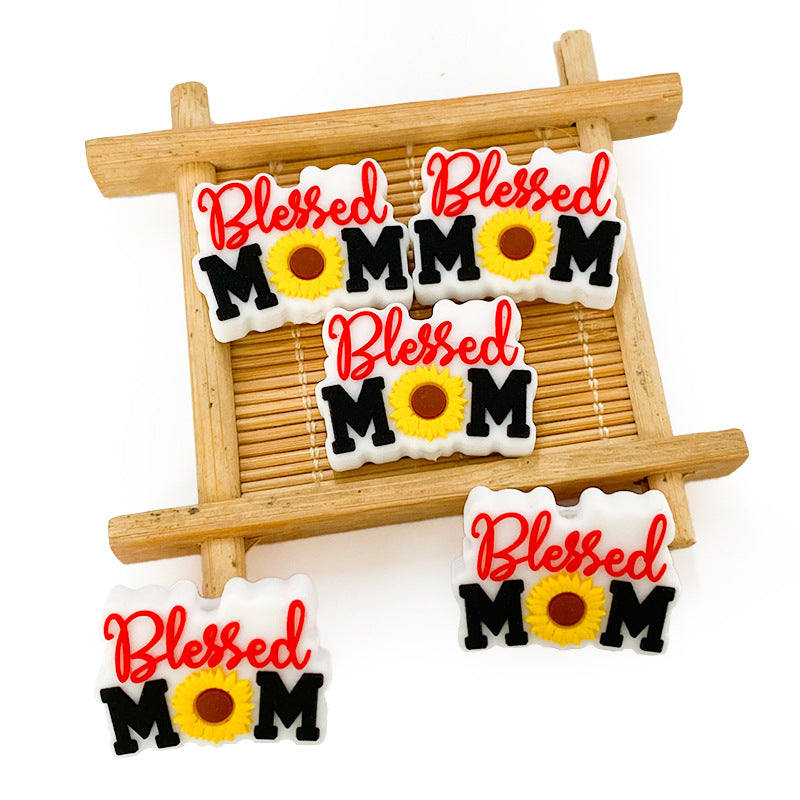 Silicone Focal Beads Blessed Mom Sunflower Lettering 10pcs 3
