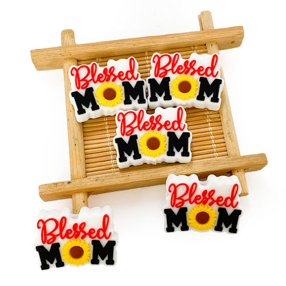 Silicone Focal Beads Blessed Mom Sunflower Lettering 10pcs 3