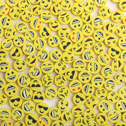 Flat Clay Beads 9mm Yellow Funny Emoji Polymer 100pcs