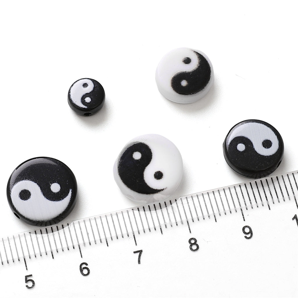 Tai Chi Flat Acrylic Beads 7-13mm Black White Color Printing 5pcs 3
