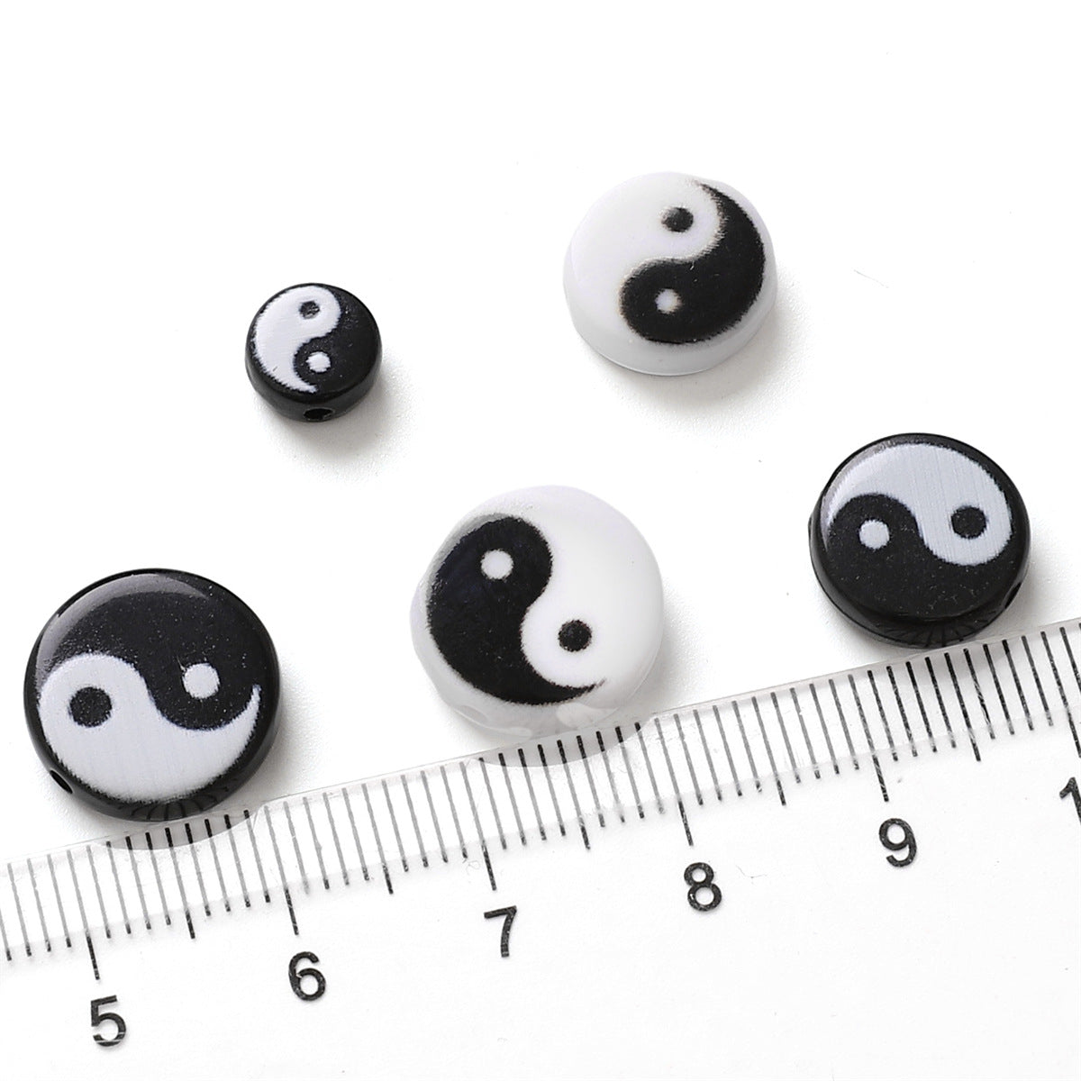 Tai Chi Flat Acrylic Beads 7-13mm Black White Color Printing 5pcs 3