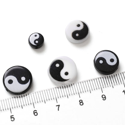 Tai Chi Flat Acrylic Beads 7-13mm Black White Color Printing 5pcs 3