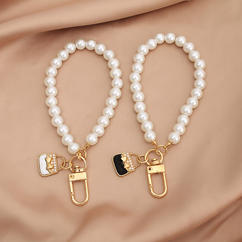 Pearl Beaded Bracelet Keychain with Gold Tone Clasp