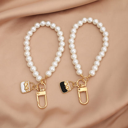 Pearl Beaded Bracelet Keychain with Gold Tone Clasp
