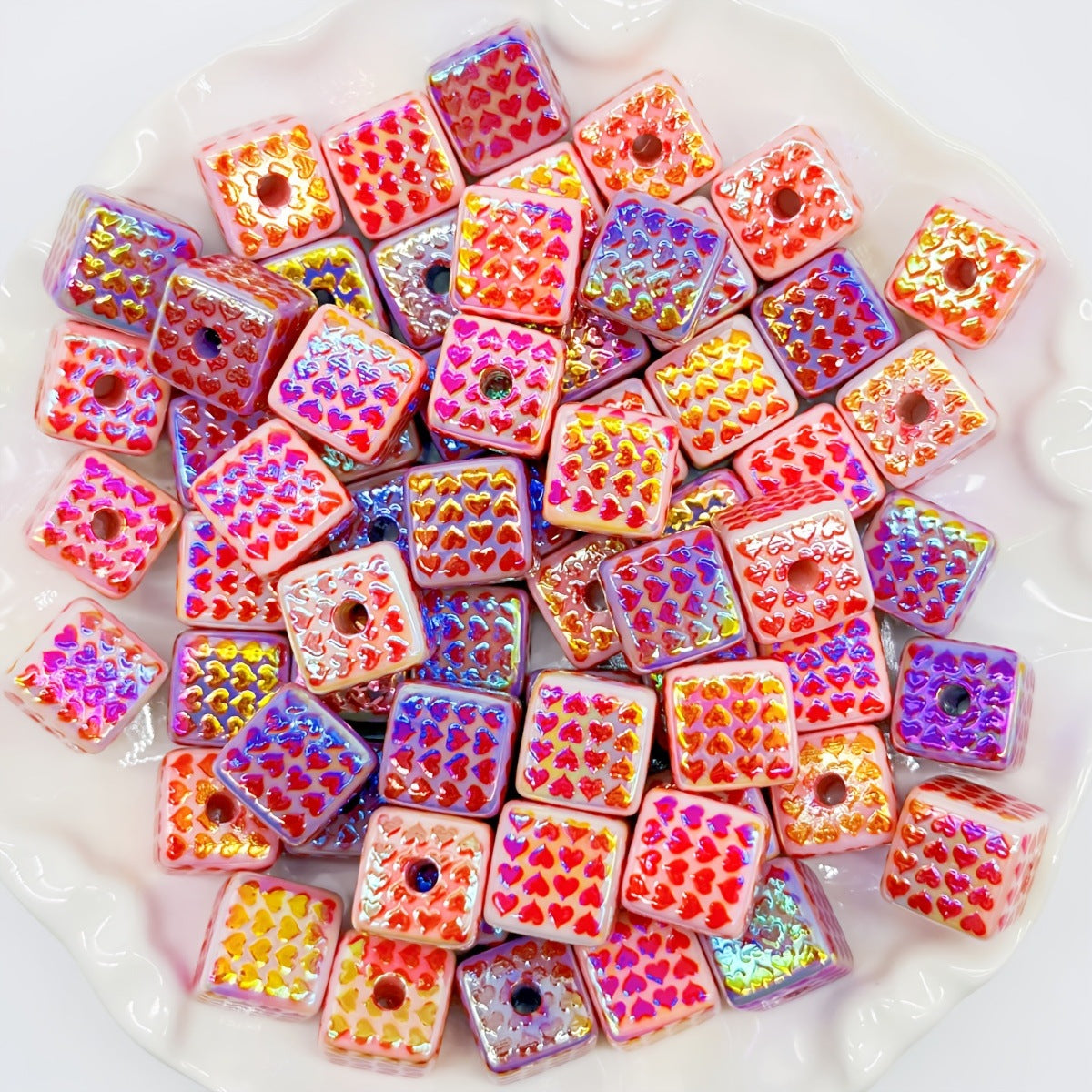 Plating Heart Acrylic Square Beads 15mm Glossy Pattern 50pcs 2