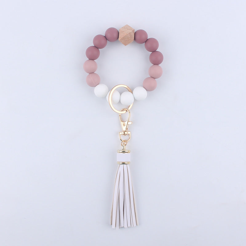 Silicone Beaded Wristlet Keychain with Wooden Beads and Leather Tassel 8cm 9