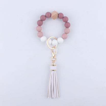 Silicone Beaded Wristlet Keychain with Wooden Beads and Leather Tassel 8cm 9
