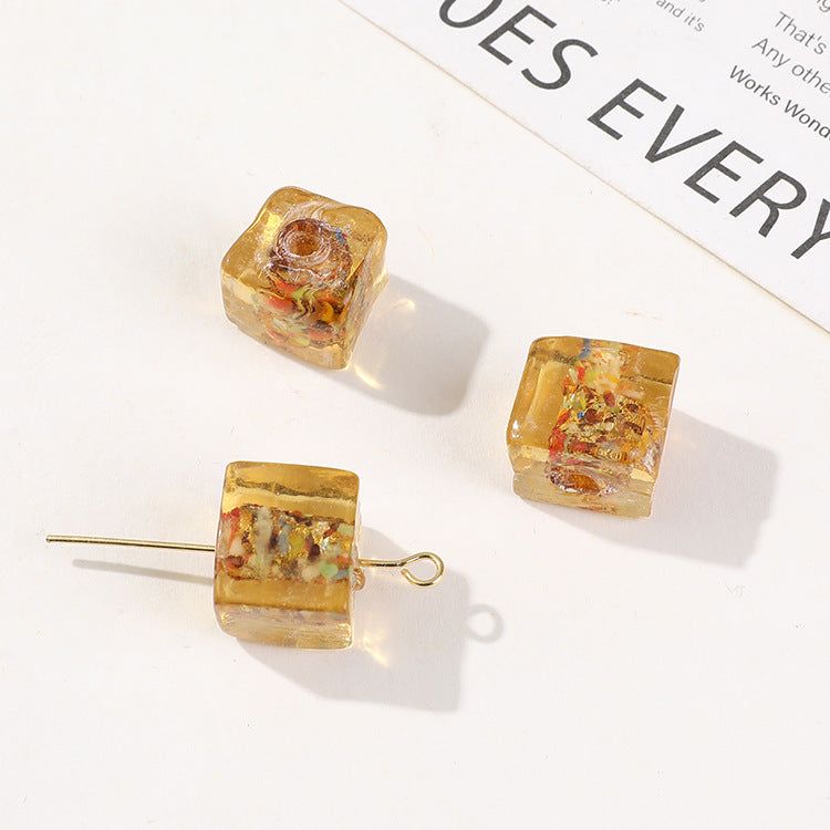 Lampwork Glass Beads Cube 10mm Silver Foil Confetti 4pcs 8
