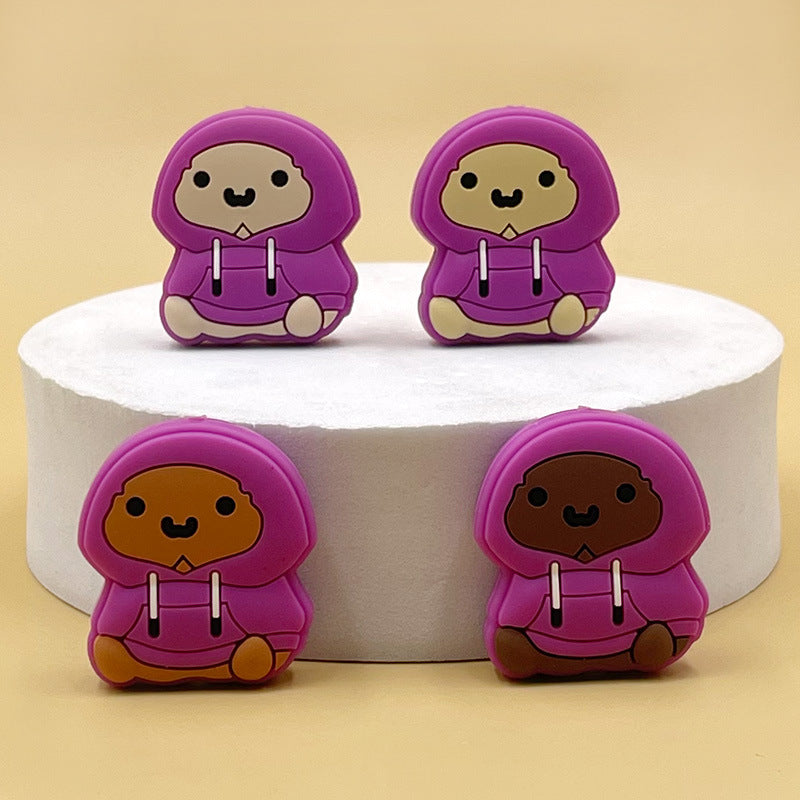 Silicone Focal Beads Cartoon Chicken Wearing Purple Hoodie 20pcs 4