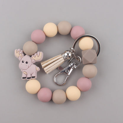 Silicone Beaded Yak Wristlet Keychain with Faux Leather Tassel 9