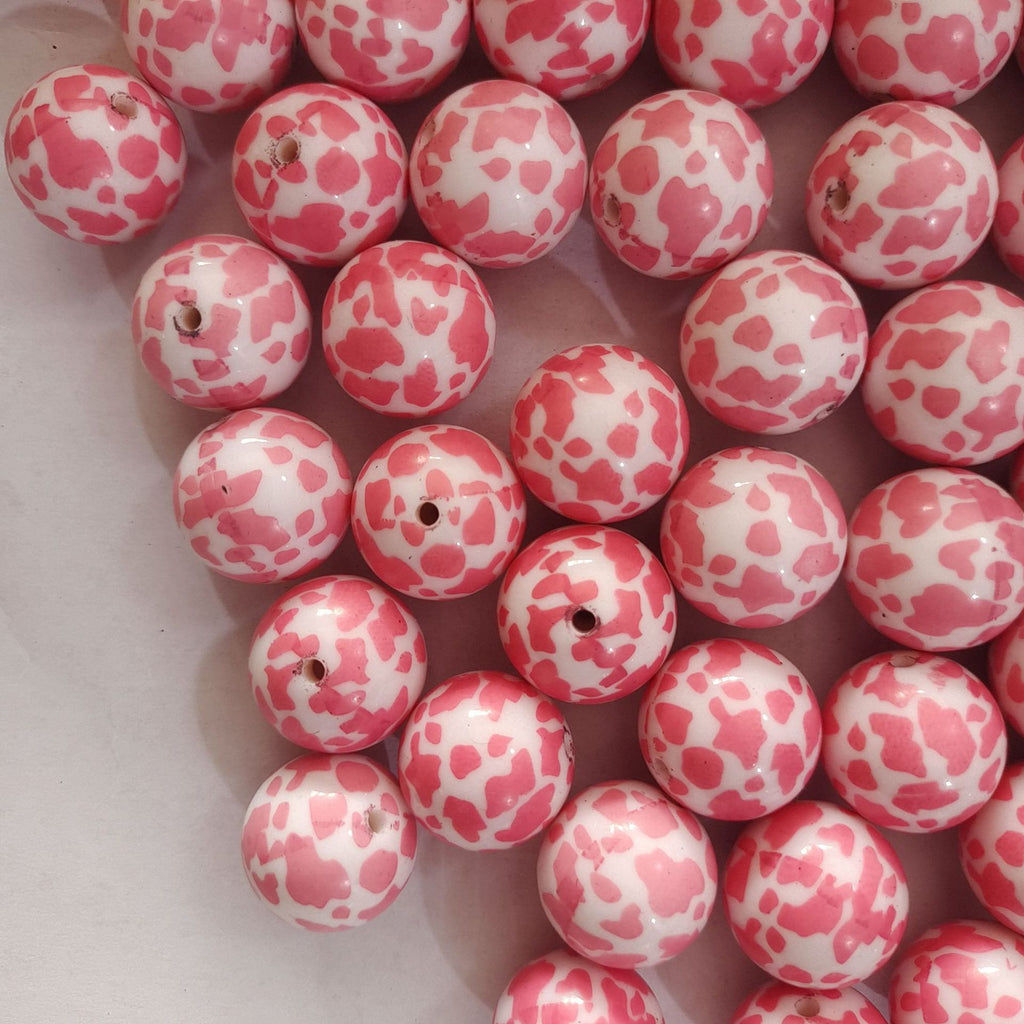Printed Bubblegum Beads 20mm Pink Cow Pattern Chunky 10pcs