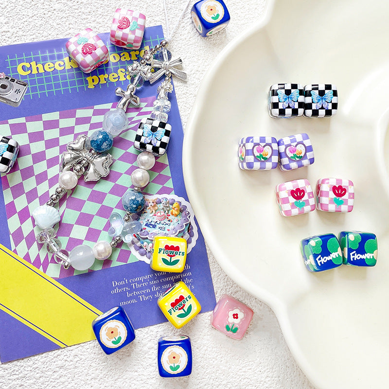 Hand Painted Square Acrylic Beads 14mm Flower Plaid Design 2pcs 3