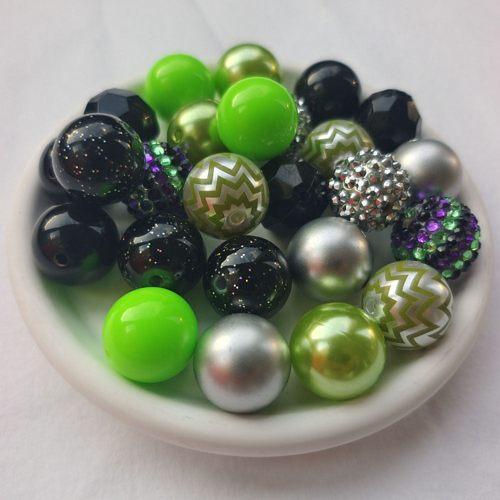 Bubblegum Beads 20mm Black Neon Green Silver Glitter Chunky Mix 50pcs 2