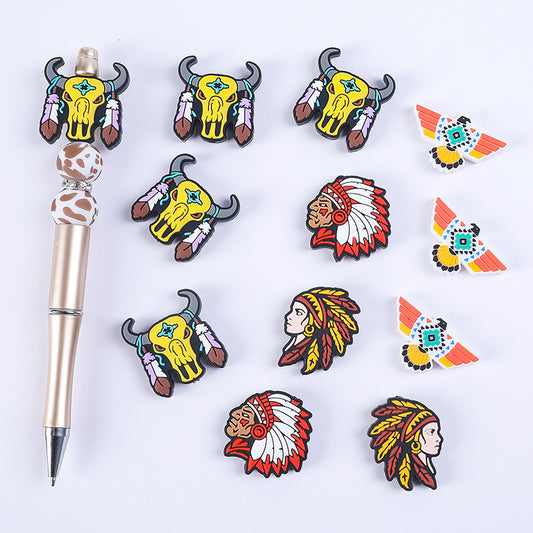 Silicone Focal Beads Cow Skull Feathered Turquoise 20pcs