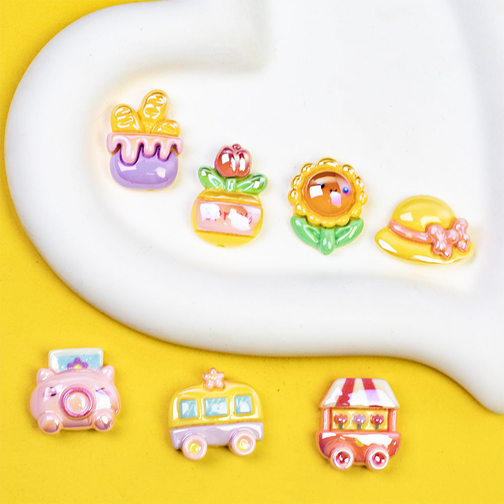 Plating Sunflower and Bus Resin Beads Glossy Multicolor 10pcs