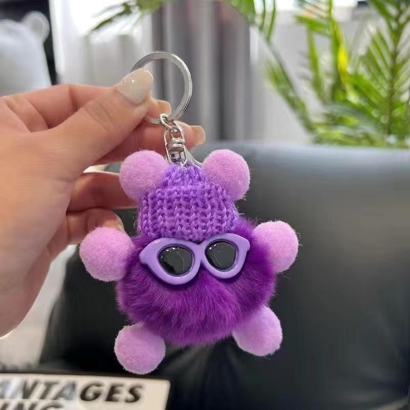 Fluffy Pom Pom Monster Doll Keychain with Sunglasses and Knitted Hat 15