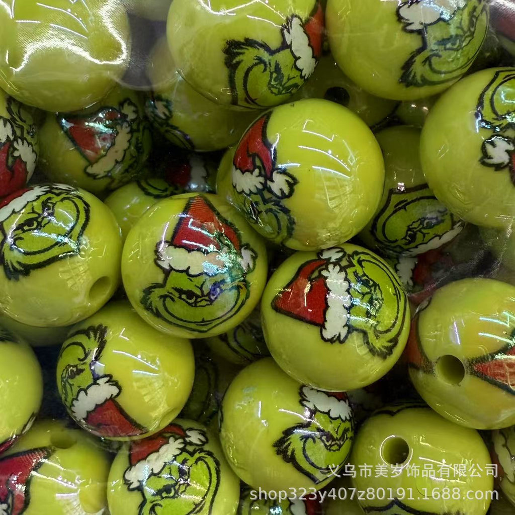 UV Plating Round Acrylic Beads 16mm Christmas Grinch 100pcs 6