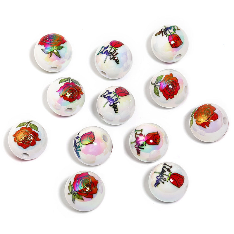 Plating Round Acrylic Beads 16mm Valentine Rose Printed 50pcs 6