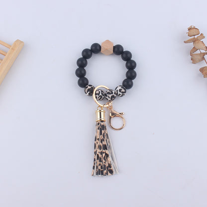 Leopard Print Silicone Bead Tassel Wristlet Keychain