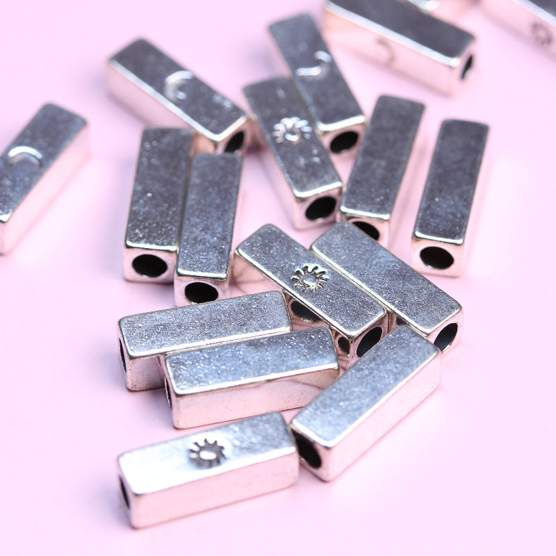 Tube Metal Beads 14x4.6x2.8mm Sun and Moon Silver Tone 200pcs 3