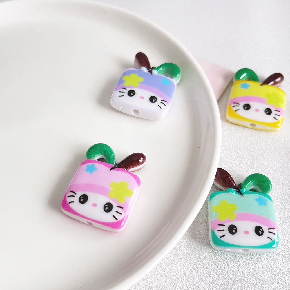 Painted KT Kitten Apple Acrylic Beads 32mm Colorful Mixed 50pcs 4