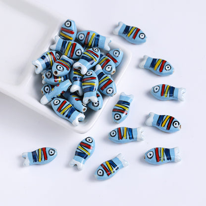 Hand Painted Fish Ceramic Beads 22mm Striped Colorful 5pcs 4
