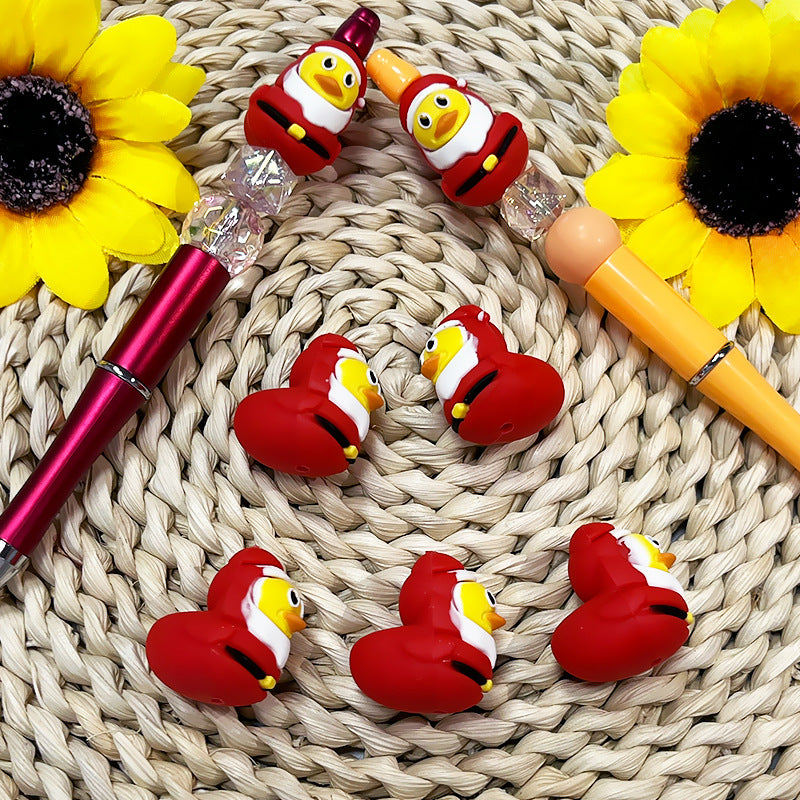 Silicone 3D Focal Beads Christmas Duck Wearing Santa Suit 3