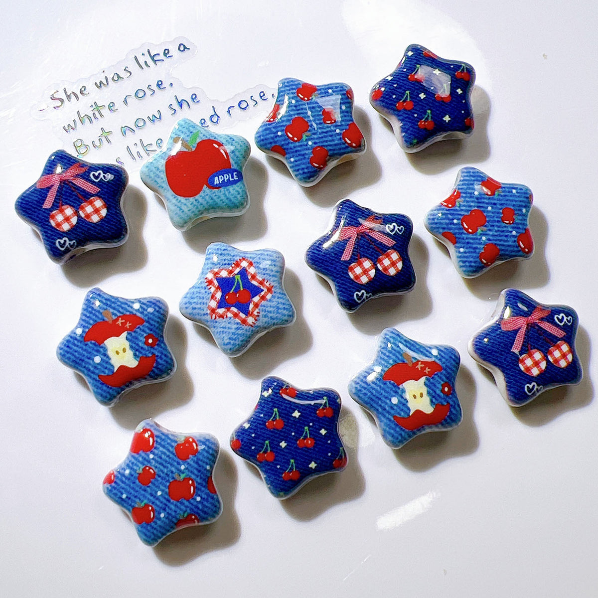 Denim Blue Star Acrylic Beads 26mm Glossy Red Accents 10pcs