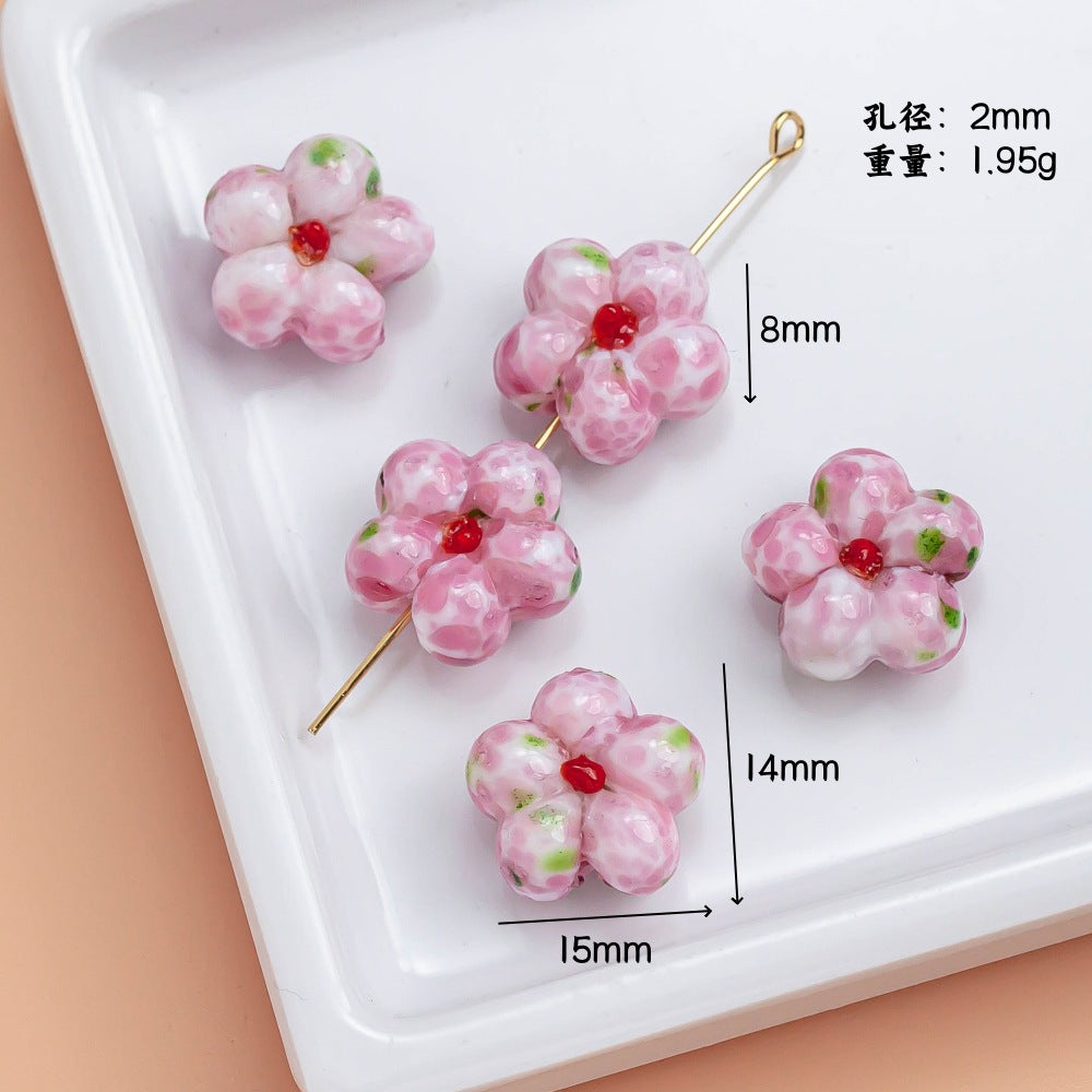 Lampwork Glass Beads Floral Pink Tone Translucent Faceted 4pcs 7
