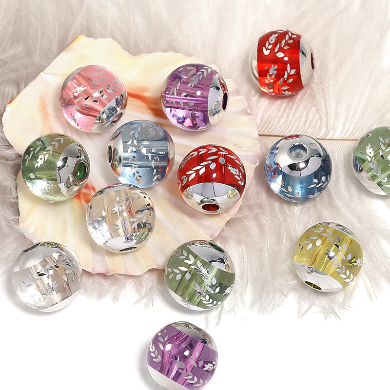 Transparent Colored Mirror Wheat Ear Printing Acrylic Round Beads 16mm 50pcs 4