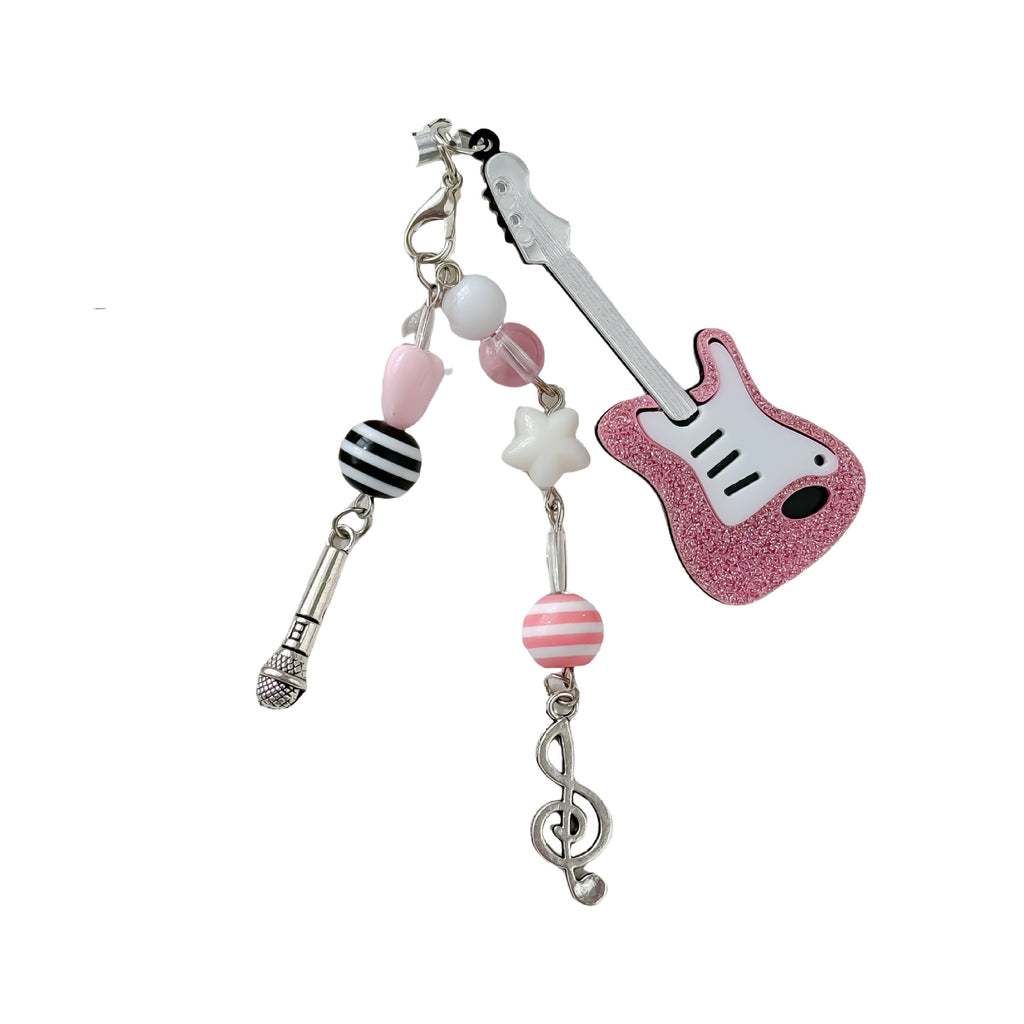 Pink Glitter Guitar Resin Phone Charm with Pastel Hearts and Mic 2pcs 4