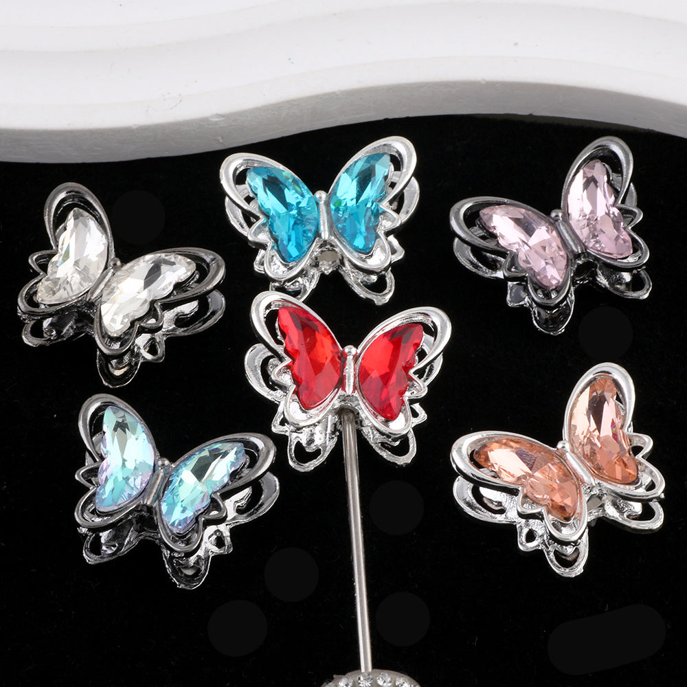 Butterfly Metal Beads 26mm Double-Sided Crystal Glass Embedded 3pcs 3