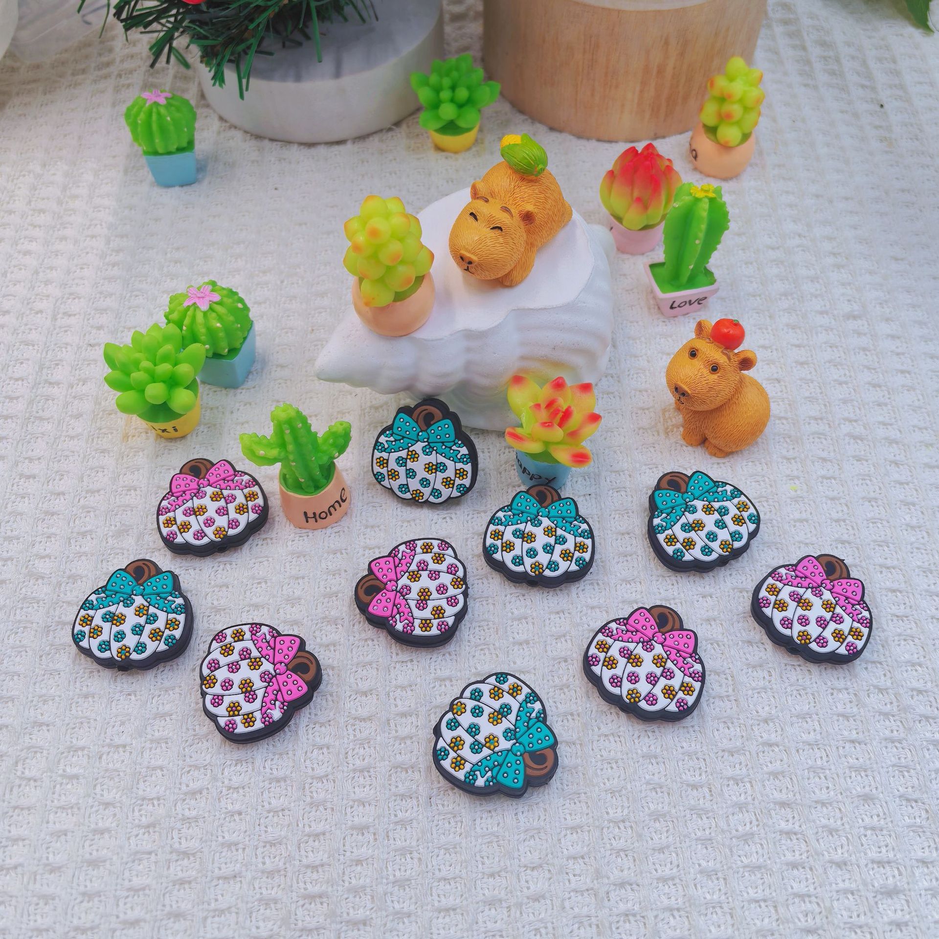 Silicone Focal Beads Pumpkin with Floral Bow 20pcs