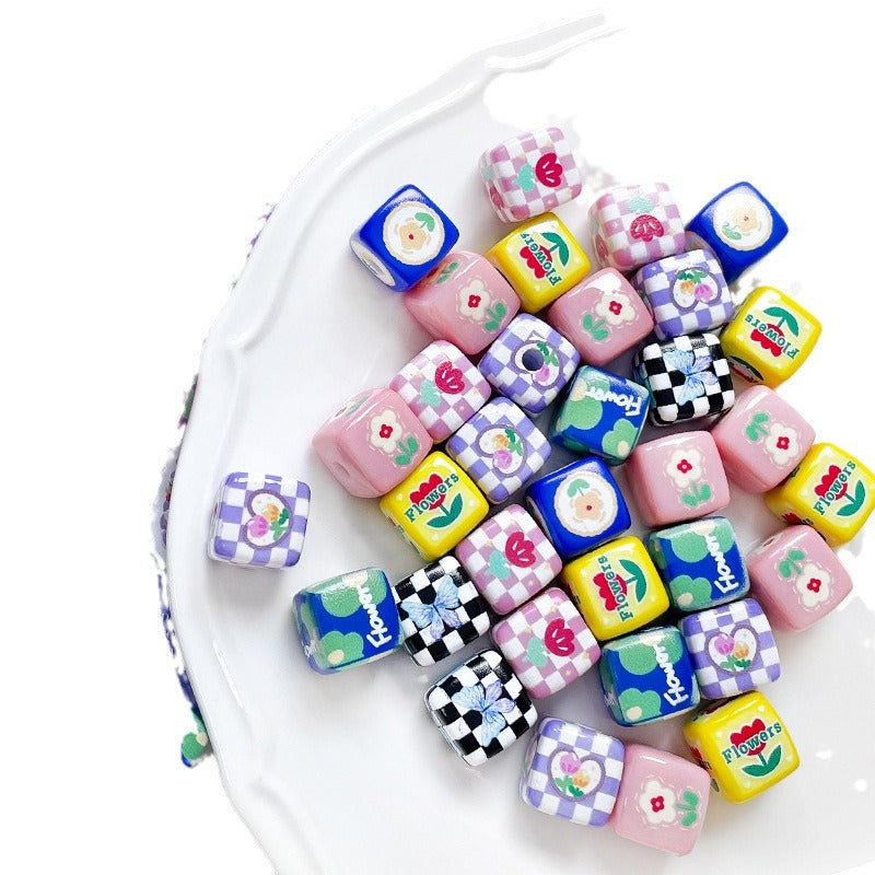 Hand Painted Square Acrylic Beads 14mm Flower Plaid Design 2pcs 5