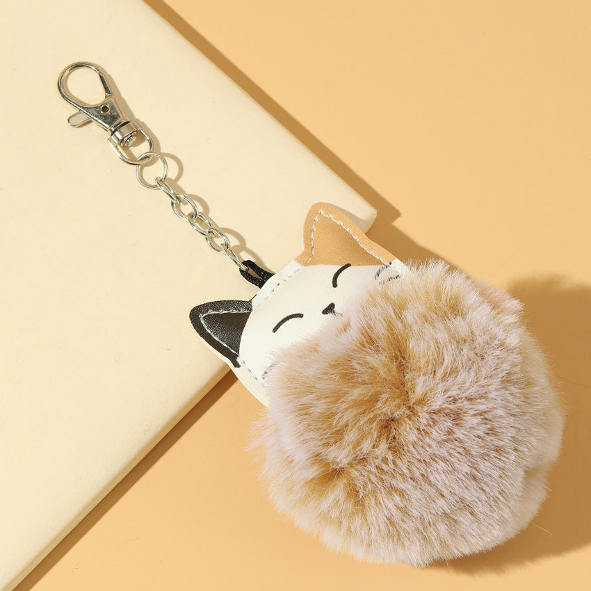 Leather Plush Cat Keychain Soft Tan Faux Leather Zinc Alloy 2