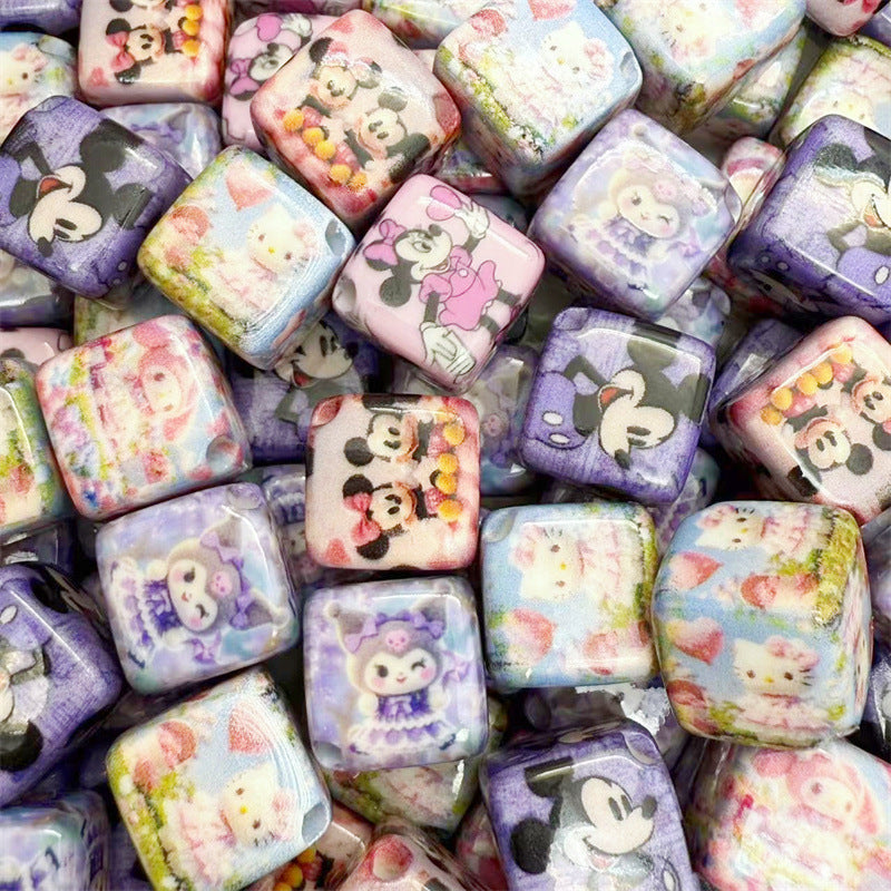 Square Acrylic Beads 14mm Diagonal-Hole Mickey and Sanrio Printed 50pcs 4
