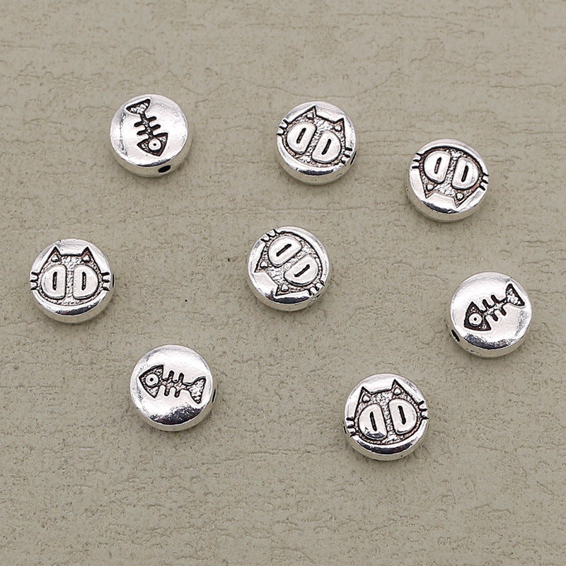 Flat Metal Beads 10mm Double Sided Kitten Fish Bone Engraving 40pcs 6