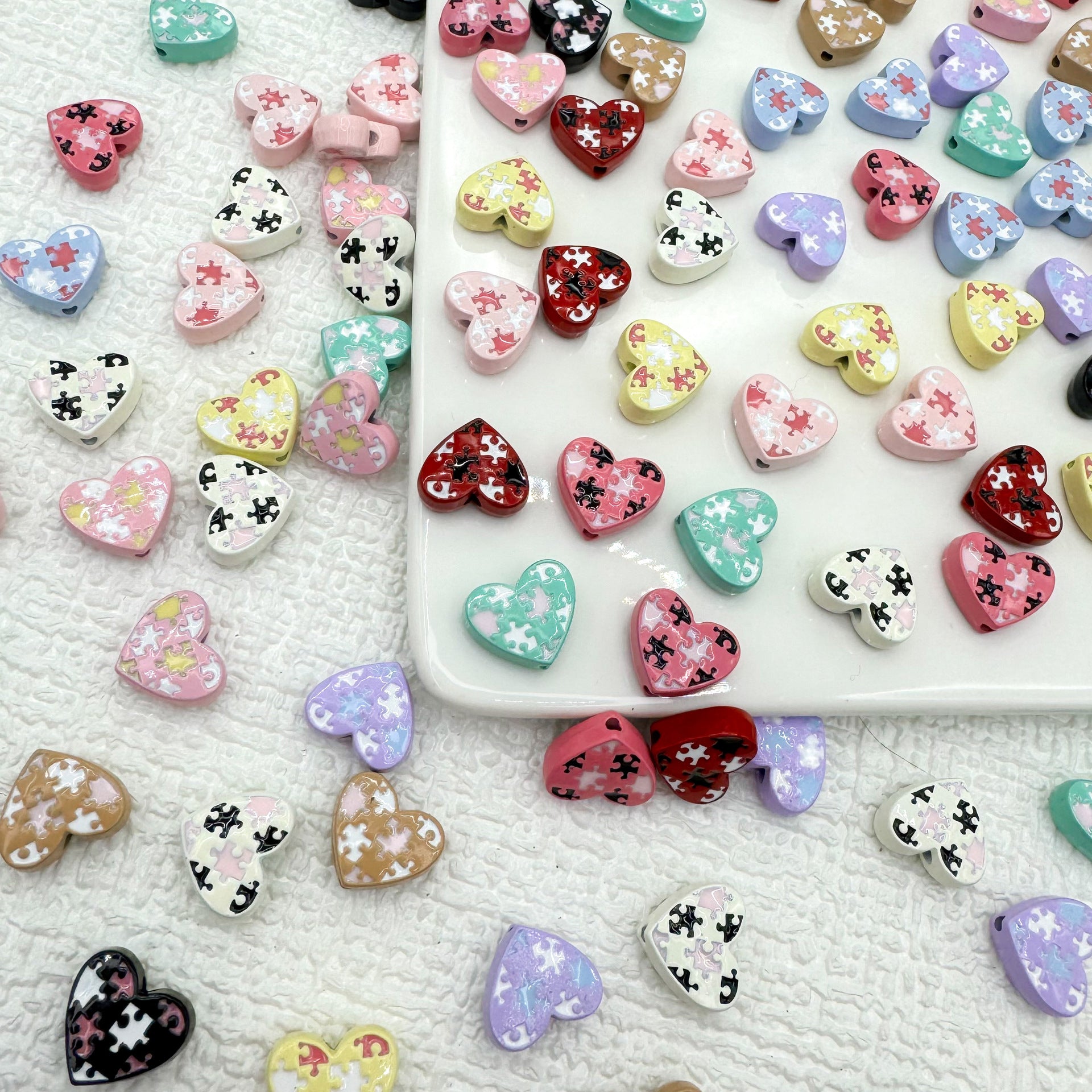 Heart Metal Beads 12mm Baking Painted Puzzle Pattern Enamel 10pcs 4