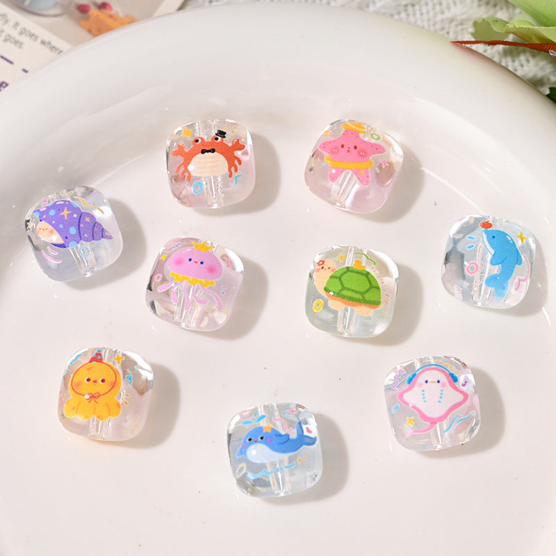 Clear Marine Creature Square Acrylic Beads 15mm Printed 10pcs 2