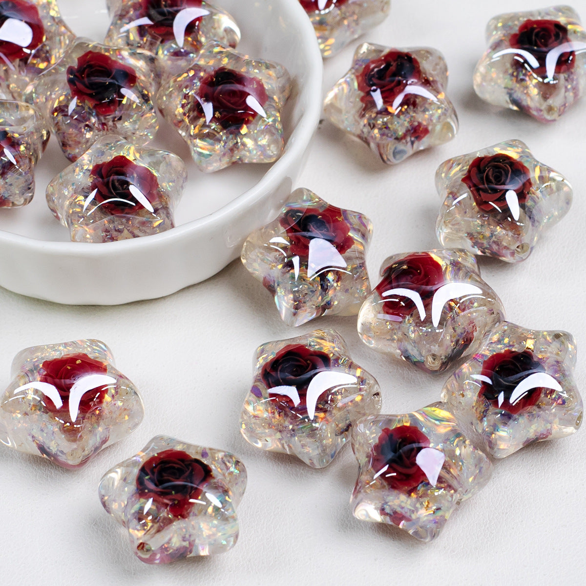 Glitter Rose Star Resin Beads 22mm Sparkle Mixed Colors 10pcs 10