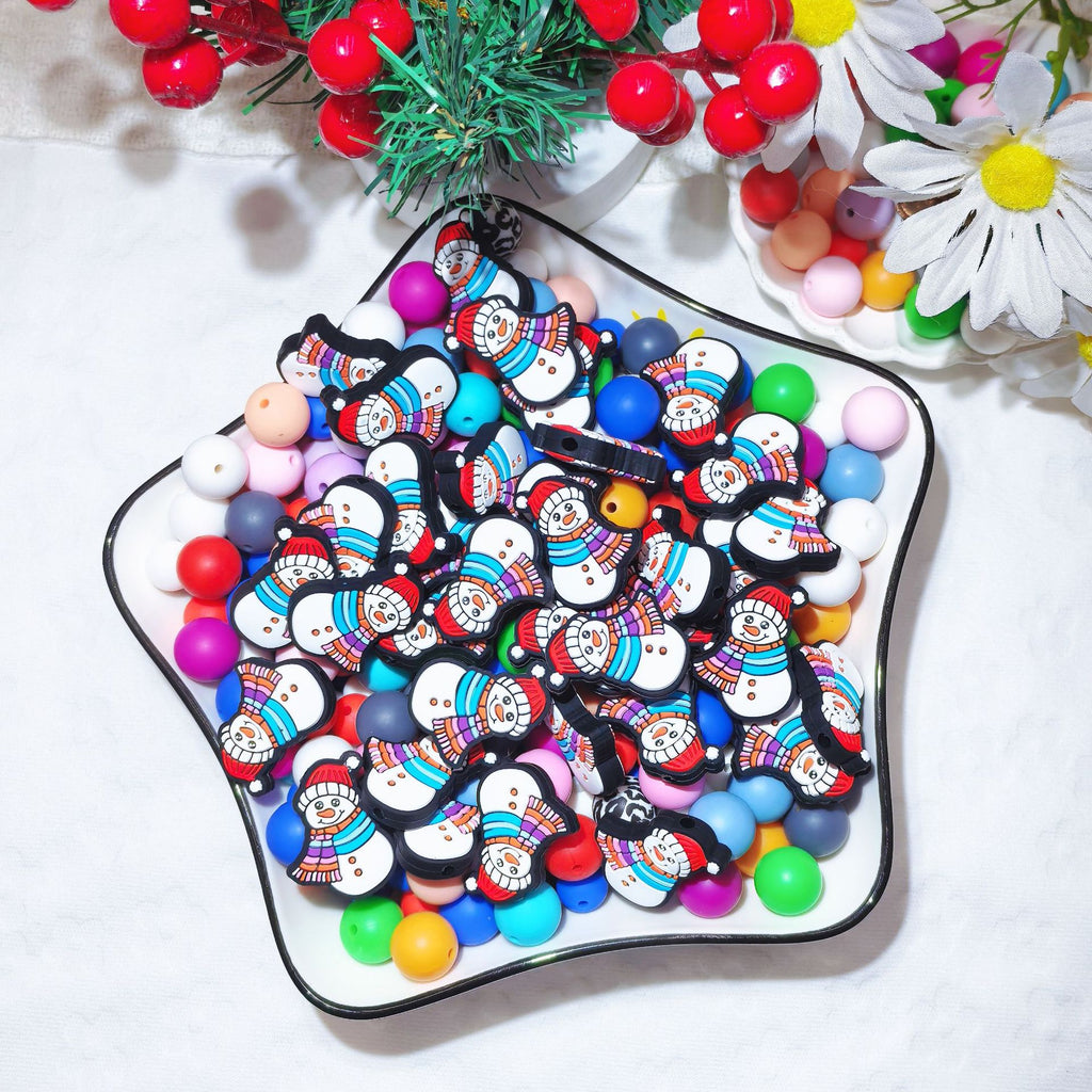 Silicone Focal Beads Christmas Snowman Wearing Scarf 20pcs 3